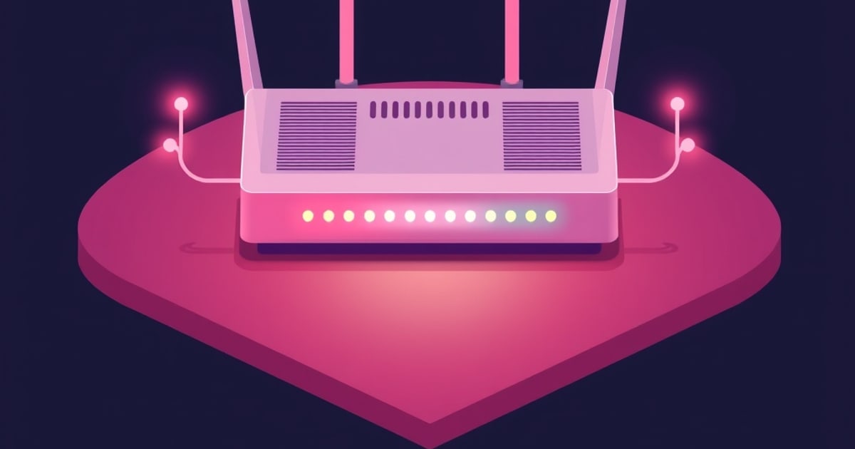Pink router with four raised antennas, a row of glowing front lights and curved side cables on a pink platform against a dark background.