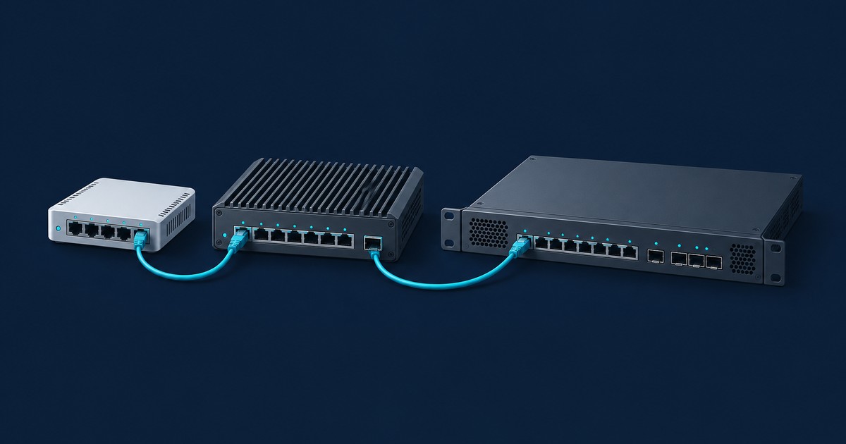 Three routers in ascending size, a small white desktop unit, a finned black router and a rackmount box with SFP ports, linked by teal cables on a navy background