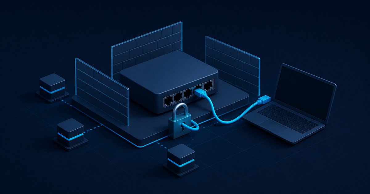 Dark isometric render of a router with Ethernet ports behind translucent brick firewall walls, a padlock, small network nodes, and a cable to a laptop.